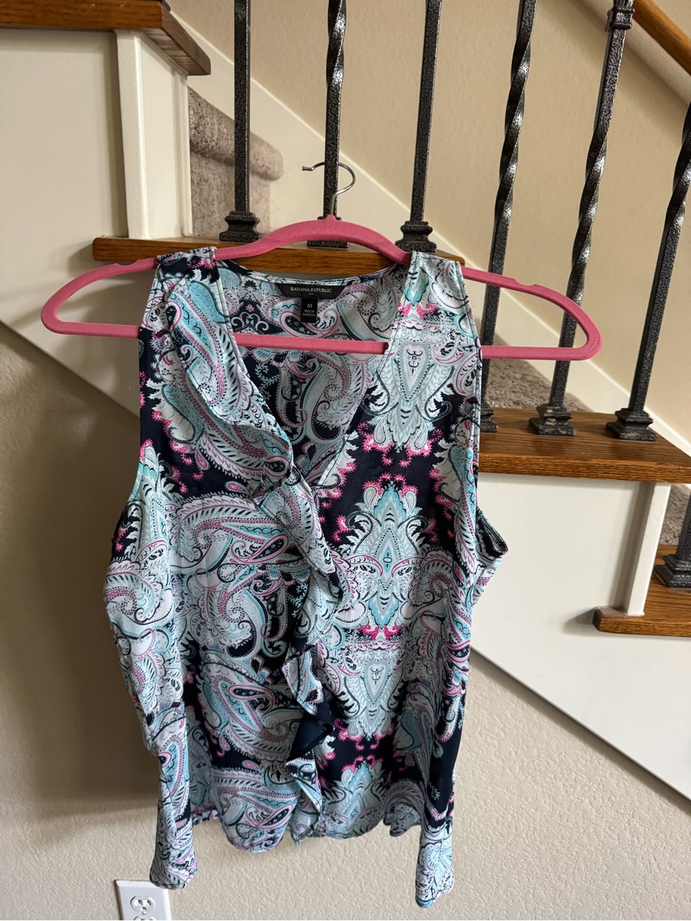 Banana Republic Paisley Ruffle-Front Sleeveless Top - Navy, Light Blue & Pink